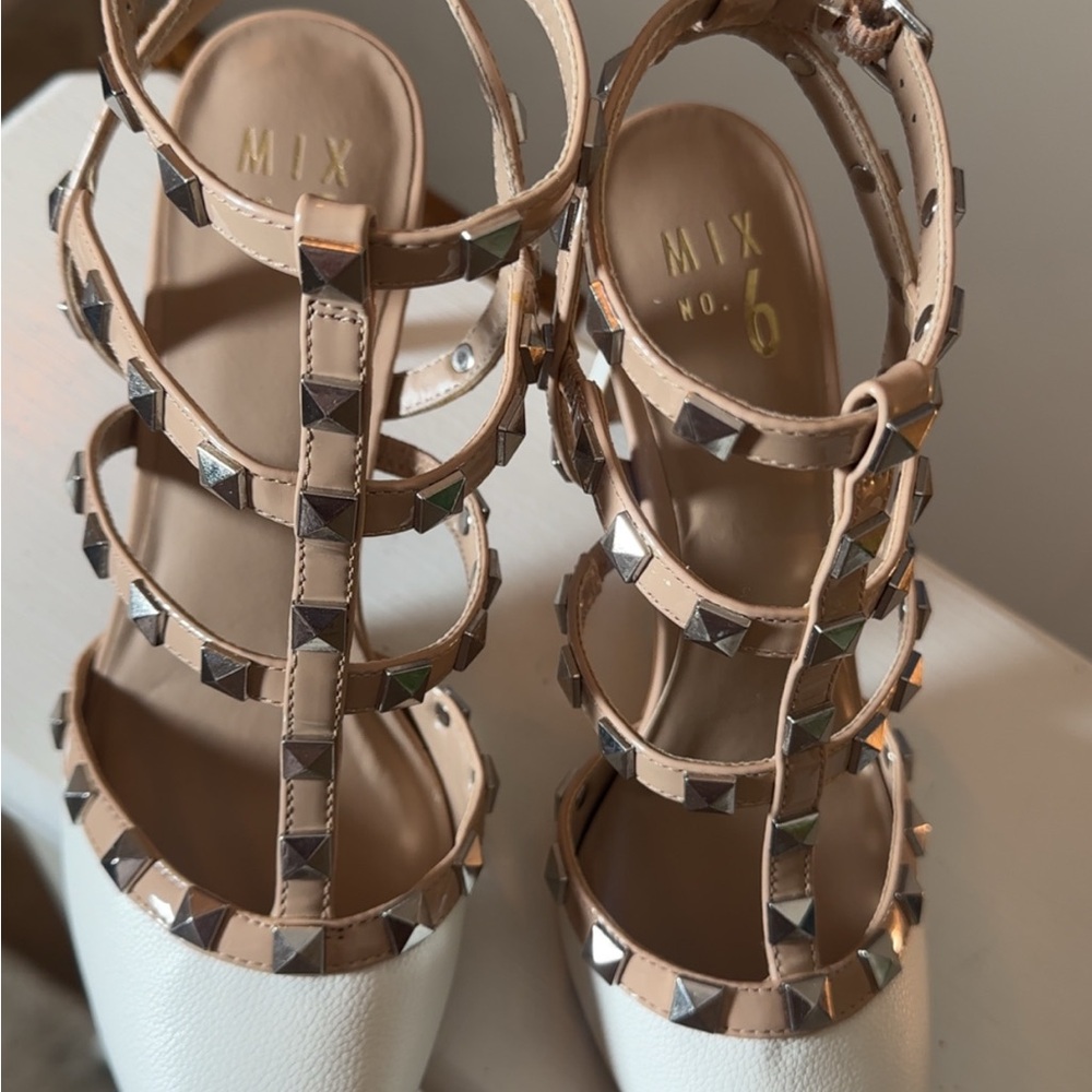 Mix No. 6 White & Nude Studded T-Strap Pointed-Toe Heels - Picture 3 of 5